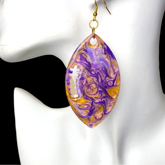 Handmade LSU Purple & Gold Football Dangle Earrings Tiger Game Day Jewelry NEW - Picture 3 of 3